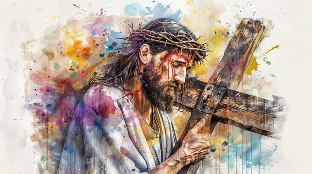 Vivid watercolor of a man carrying the cross, symbolizing sacrifice and faith.