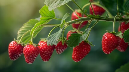 A bunch of red strawberries hanging from a tree. Concept of freshness and abundance, as the ripe berries are ready to be picked and enjoyed