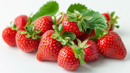 A bunch of red strawberries with green leaves. The strawberries are fresh and ripe, and they are arranged in a neat pile. Concept of abundance and freshness, as well as the natural beauty of the fruit