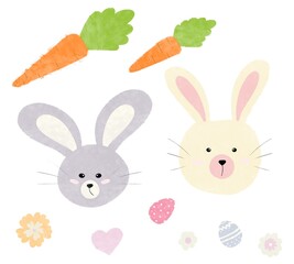 Set of elements: Easter bunnies with carrots, flowers and Easter eggs