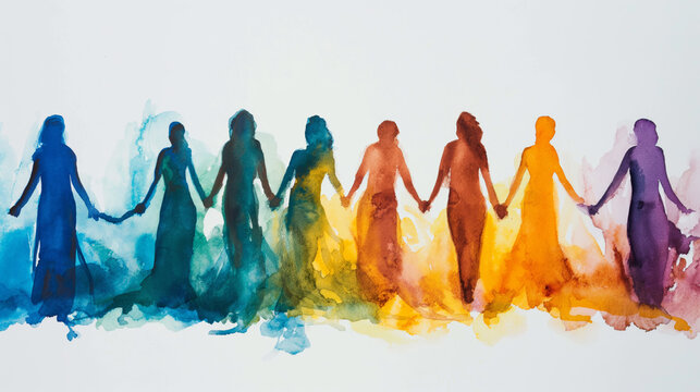 Watercolor silhouettes of women holding hands.
