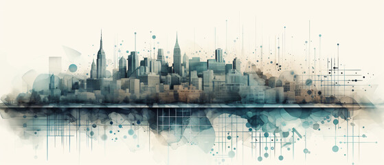 Double exposure of city and pen calculator graphics ..