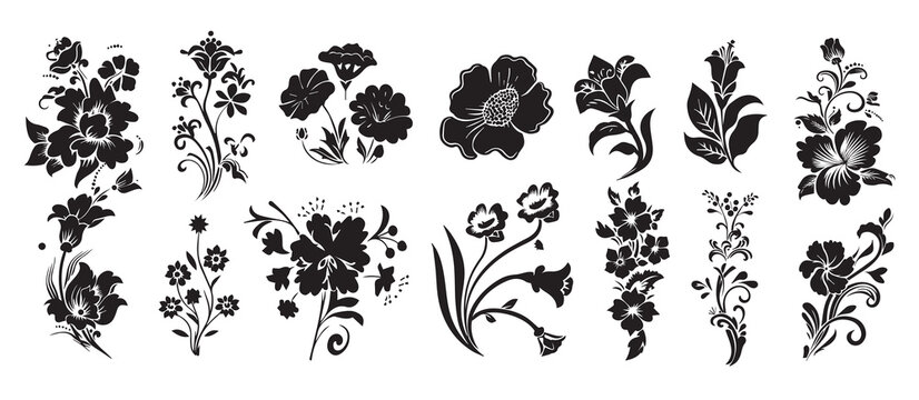 Vector large set of various plant leaves and flowers, sketches of silhouettes, drawings. Doodle sketch for vector tattoo