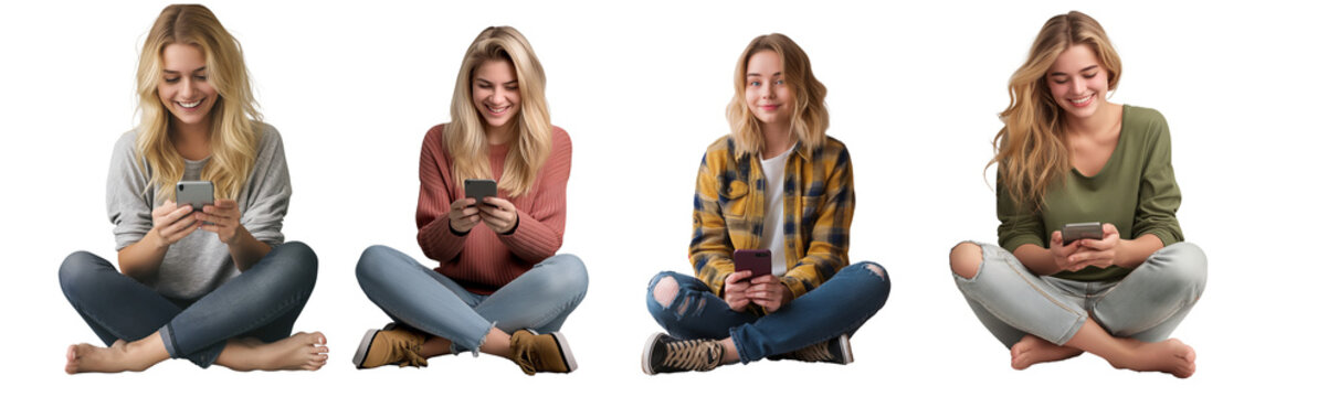 Happy young Caucasian woman sitting cross-legged using a mobile phone isolated on a transparent background