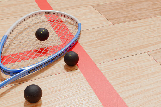 Rackets and squash balls on the floor of the sports court. 3d rendering