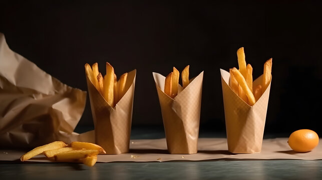 Paper cones with salted French fries with place for text