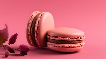 Fototapeta premium Pink French macaroon in center on pink background