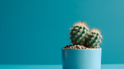 plant cactus on blue background with place for text - obrazy, fototapety, plakaty