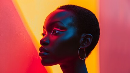 Striking Profile Portrait with Neon Color Contrast - obrazy, fototapety, plakaty