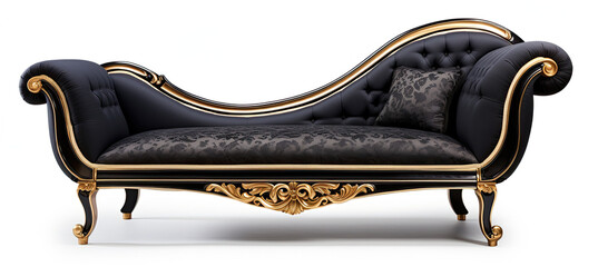 Black fainting couch with gold trim Isolated on white background - obrazy, fototapety, plakaty