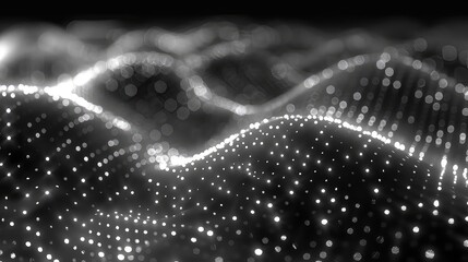 Abstract particles form curved lines and surfaces with bokeh in black background - obrazy, fototapety, plakaty