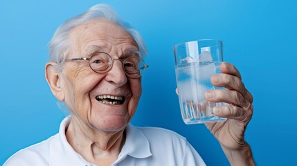Elderly Caucasian Man with Glass of Water Promoting Hydration - obrazy, fototapety, plakaty