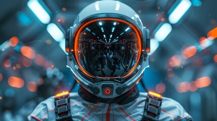 Astronaut Helmet Reflecting a Futuristic Corridor