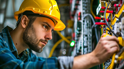 portrait of a electrician in a helmet, electrician engineer with yellow helmet at the workstation, electrician worker doing a work