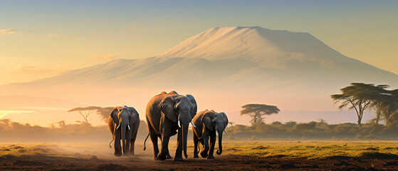 Elephant family in front of Mt. Kilimanjaro 