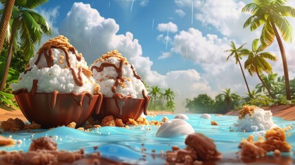 Shaved ice with chocolate drizzle in a 3D cartoon cocoa plantation