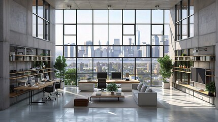 Contemporary concrete office interior with city view, daylight, furniture and equipment