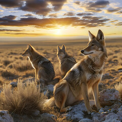Coyot family standing in front of the camera in the rocky plains with setting sun. Group of wild animals in nature.