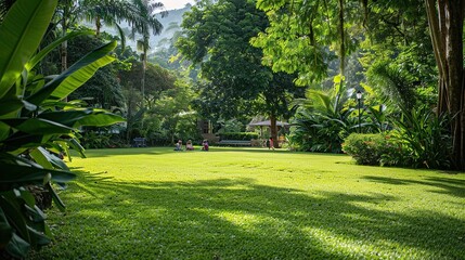 Picture of a lush green lawn in a large garden. Green grass with a beautiful yard for the background. - obrazy, fototapety, plakaty