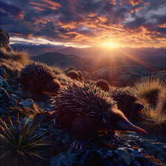 Echidna in the mountainous countryside with setting sun shining. Group of wild animals in nature.