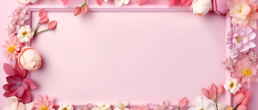 Empty pink picture frame with colorful spring flower .