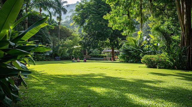 Picture of a lush green lawn in a large garden. Green grass with a beautiful yard for the background.