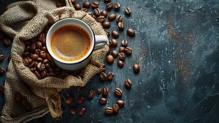 cup of coffee and coffee beans in a sack on dark background, top view