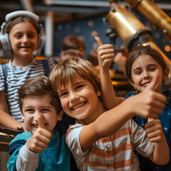 Group of children smiling, having thumbs up doing their dream job as Astronomers in the observatory with telescopes in the background. Concept of Happiness, Dream come true and Teamwork.