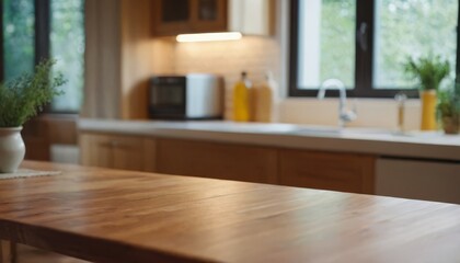 Wooden table on blurred kitchen bench background. Empty wooden table and blurred kitchen background