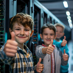 Group of children doing their dream job as IT Specialists in the server room. Concept of Creativity, Happiness, Dream come true and Teamwork.