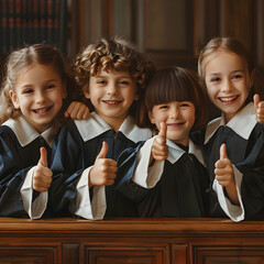 Group of children smiling, having thumbs up doing their dream job as Judges sitting in the court room. Concept of Creativity, Happiness, Dream come true and Teamwork.