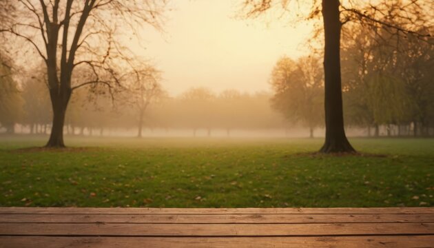 Wooden table on the background of the evening foggy park