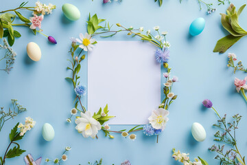 Naklejka na ściany i meble wreath made of various flowers, easter eggs, and leaves on a pastel blue background with white paper in the middle 