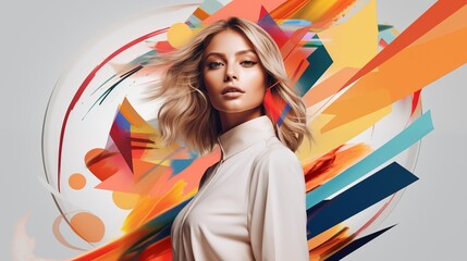 A girl model in a chic and stylish pose, framed by a burst of vibrant, abstract shapes on a clean, minimalist background. - obrazy, fototapety, plakaty