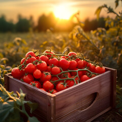 Cherry tomatoes harvested in a wooden box with field and sunset in the background. Natural organic fruit abundance. Agriculture, healthy and natural food concept. Square composition.