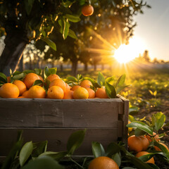 Tangerines harvested in a wooden box with orchard and sunshine in the background. Natural organic fruit abundance. Agriculture, healthy and natural food concept. Square composition.