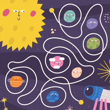 Cute space doodle maze with sun, planets, telescope, earth, venus, mars, satrun, jupiter, pluto, mercury, neptune, uranus, stars. Cosmos, universe puzzle for kids children Funny cartoon style labyrint