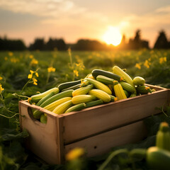 Zucchini harvested in a wooden box with field and sunset in the background. Natural organic fruit abundance. Agriculture, healthy and natural food concept. Square composition.