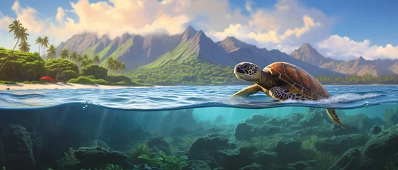 Poster Endangered Hawaiian Green Sea Turtle cruises in the ocean © Black