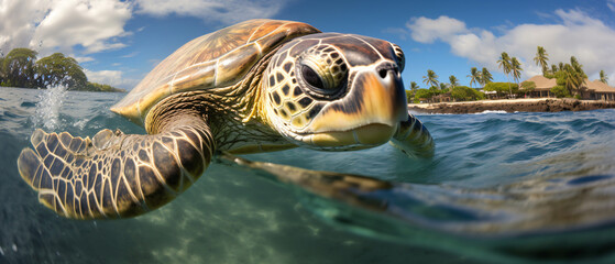 Endangered Hawaiian Green Sea Turtle cruises in the ocean - obrazy, fototapety, plakaty