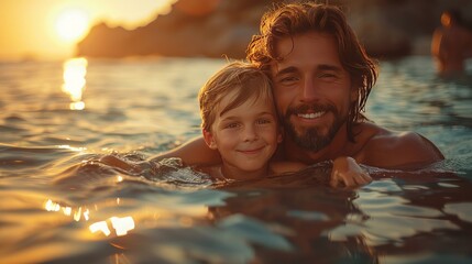 father and son hugging on the beach. happy father's day concept - obrazy, fototapety, plakaty