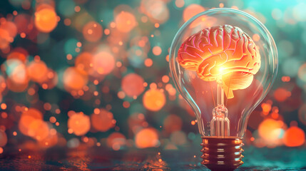 Idea concept with brain inside of light bulb. - obrazy, fototapety, plakaty