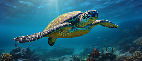 Endangered Hawaiian Green Sea Turtle cruises in the ocean