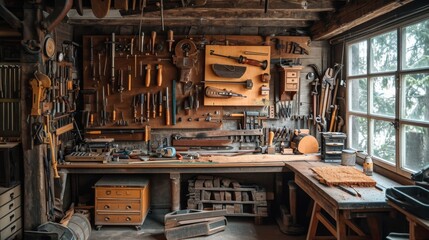 A rustic workshop filled with the scent of wood and leather. Tools hang on the walls their shapes hinting at craftsmanship and creativity. 