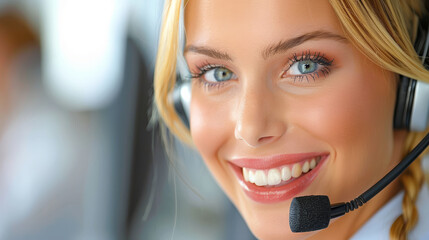 Ragazza sorridente del call center che fornisce un ottimo servizio clienti - obrazy, fototapety, plakaty