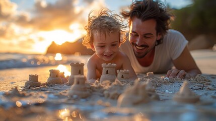 father and son enjoying playing on the beach - obrazy, fototapety, plakaty
