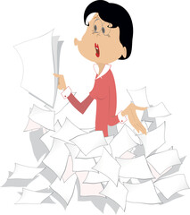 Businesswoman and a pile of papers or documents. 
Serious woman with papers in hand surrounded with piles of papers or documents. Isolated on white background
