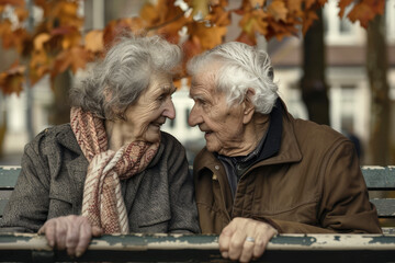 Coppia di anziani che si guardano affettuosamente negli occhi mentre siedono insieme su una vecchia panchina - obrazy, fototapety, plakaty