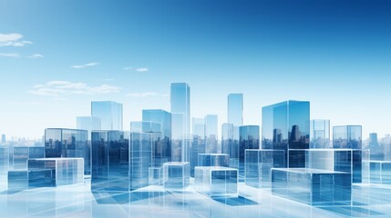 Modern blue cityscape made of clear glass on a blue sky background