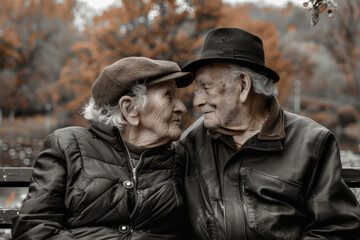 Coppia di anziani che si guardano affettuosamente negli occhi mentre siedono insieme su una vecchia panchina - obrazy, fototapety, plakaty